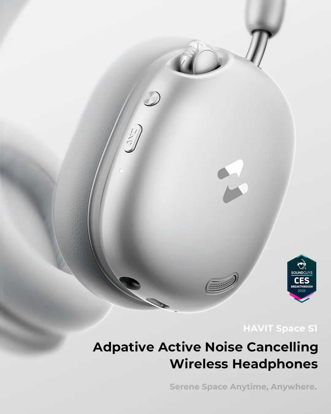HAVIT SPACE S1 Hybrid Adaptive Active Noise Cancelling Headphones Wireless Space S1, over Ear Headphones, Bluetooth 6.0, 100H Playtime, LHDC Hi-Res Sound, Custom EQ via App, Travel, Office, Home, Durable Audio