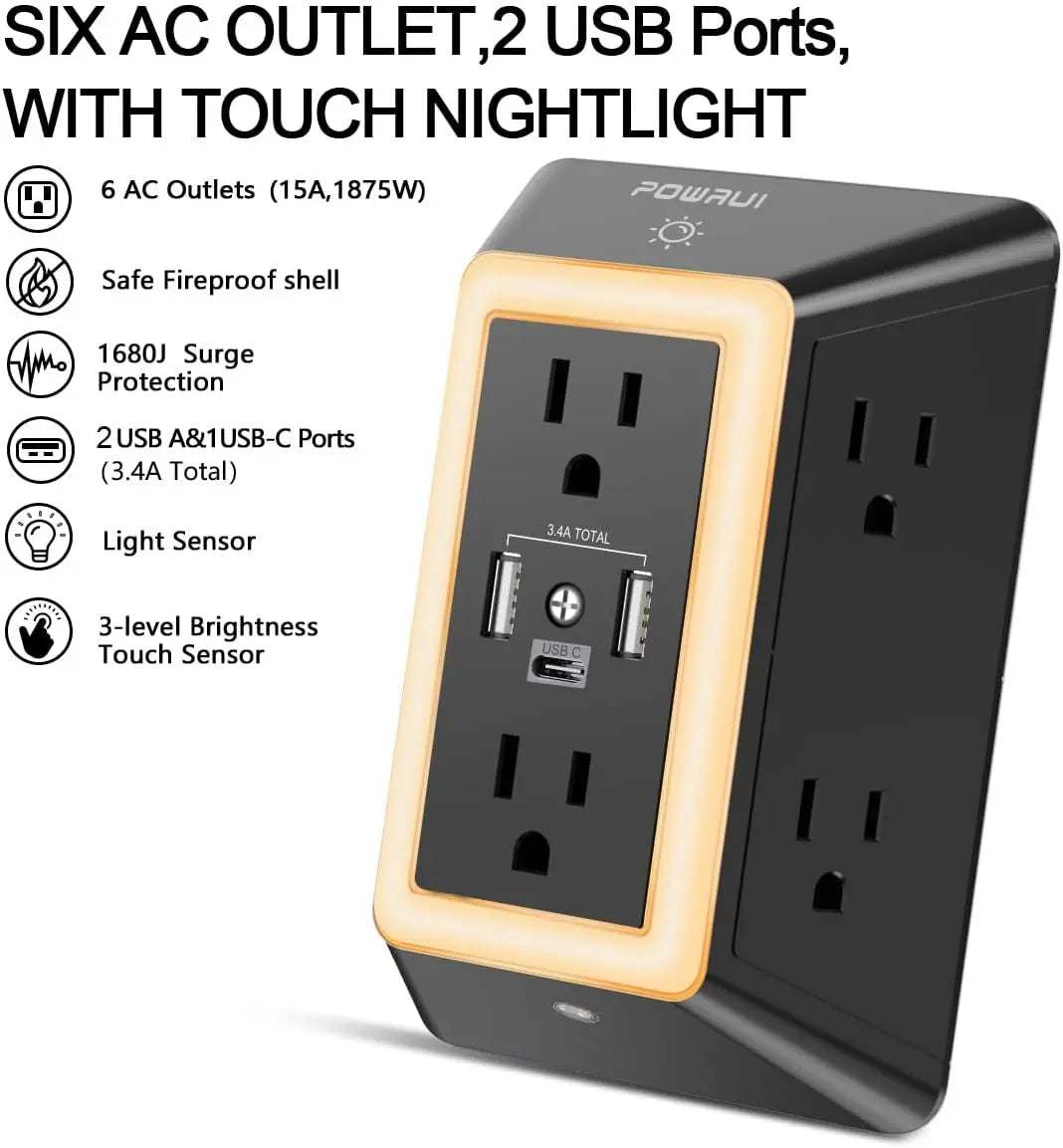 【9 in 1】Outlet Extender USB Wall Charger - 6 AC Surge Protector Outlets with 3 USB Ports (1 USB C) and Night Light, 3-Sided Multi Plug Wall Outlet Power Strip with Spaced Outlets, ETL Listed, Black,Halloween Decor