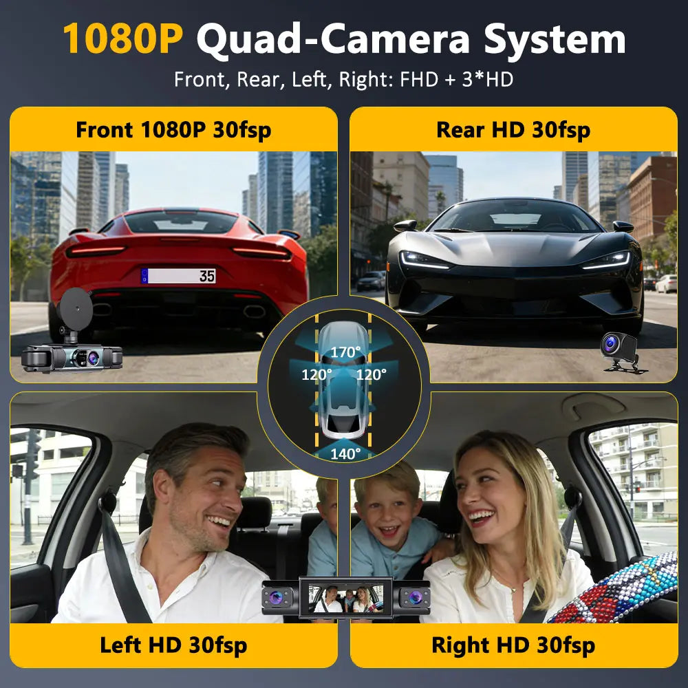 4 Channel Dash Cam 1080P FHD 360° Surround View, 3.18" IPS Display, Built-In 2.4Ghz Wifi App Control, WDR, Loop Recording, Reverse Assist, 4 Lens Front Rear inside Left Right Car Driving Recorder-Yy