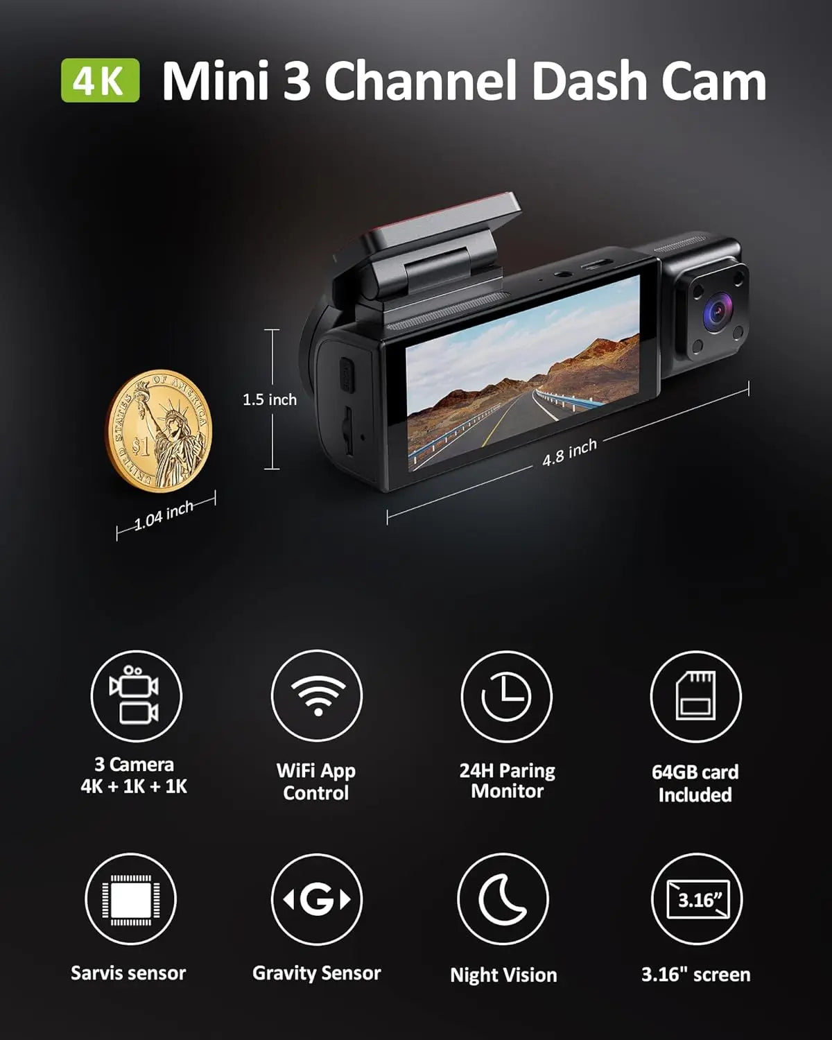 4K 3 Channel Dash Cam Front Rear inside STARVIS Sensor 5Ghz Wifi 64GB Card Included 2160P+1080P+1080P Car Dash Camera 3.16 IPS Screen IR Night Vision HDR 24/7 Parking Mode