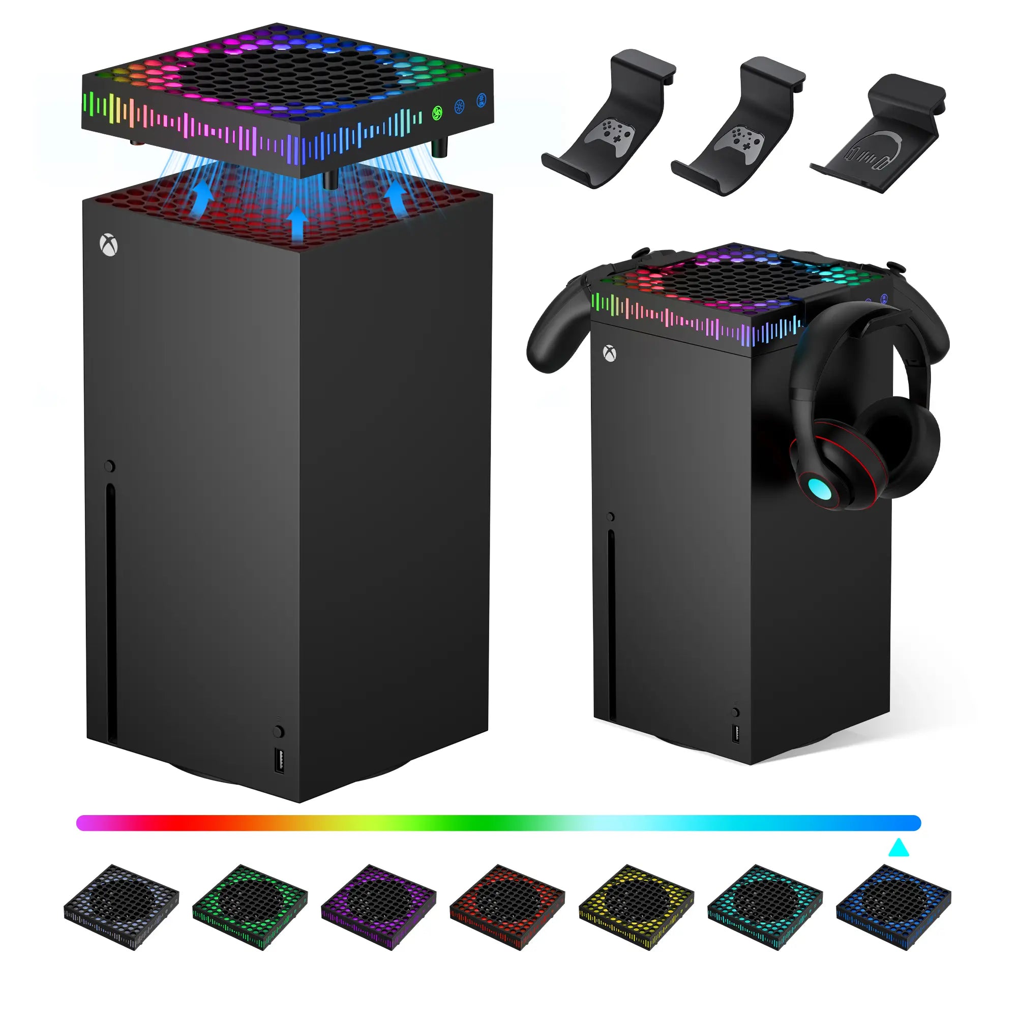 Cooling Fan for Xbox Series X with RGB Light Strip & 3 Detachable Hooks, Wiilkac 4 in 1 Top Fan Cooling System with Built-In Dust Filter, 3 Level Adjustable Speed Fan Cooler & Independent Fan Switch Accessories Console Smartphone