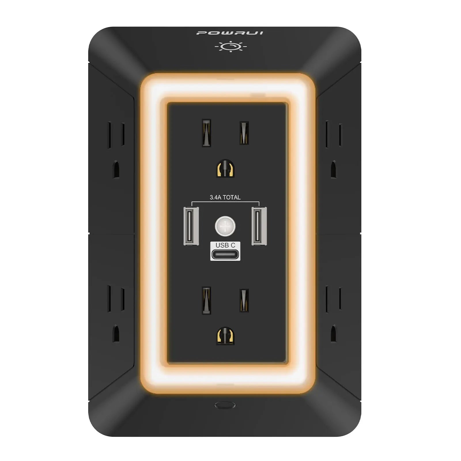 【9 in 1】Outlet Extender USB Wall Charger - 6 AC Surge Protector Outlets with 3 USB Ports (1 USB C) and Night Light, 3-Sided Multi Plug Wall Outlet Power Strip with Spaced Outlets, ETL Listed, Black,Halloween Decor