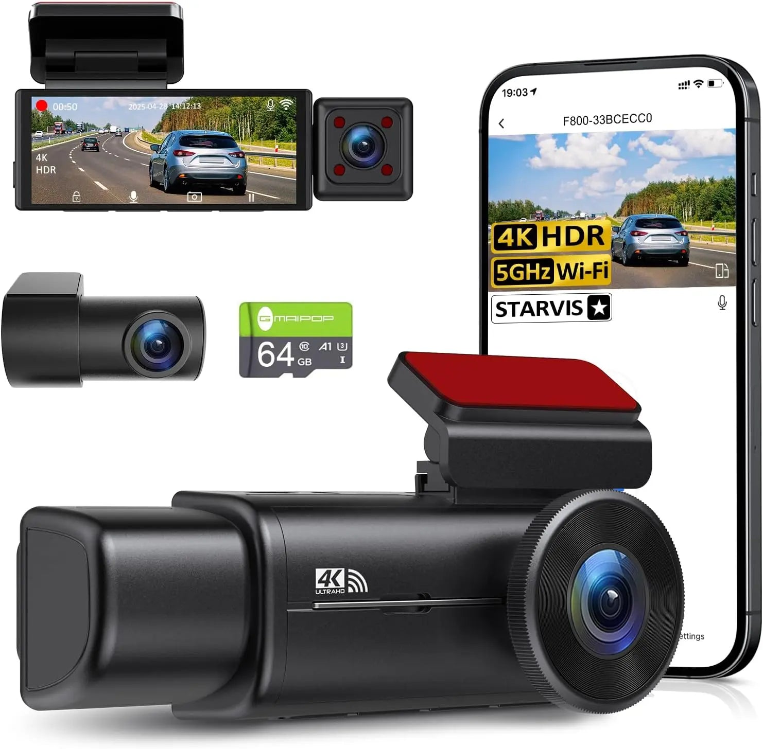 4K 3 Channel Dash Cam Front Rear inside STARVIS Sensor 5Ghz Wifi 64GB Card Included 2160P+1080P+1080P Car Dash Camera 3.16 IPS Screen IR Night Vision HDR 24/7 Parking Mode