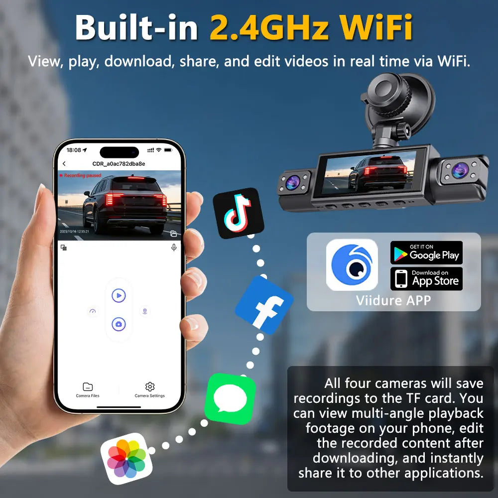 4 Channel Dash Cam 1080P FHD 360° Surround View, 3.18" IPS Display, Built-In 2.4Ghz Wifi App Control, WDR, Loop Recording, Reverse Assist, 4 Lens Front Rear inside Left Right Car Driving Recorder-Yy