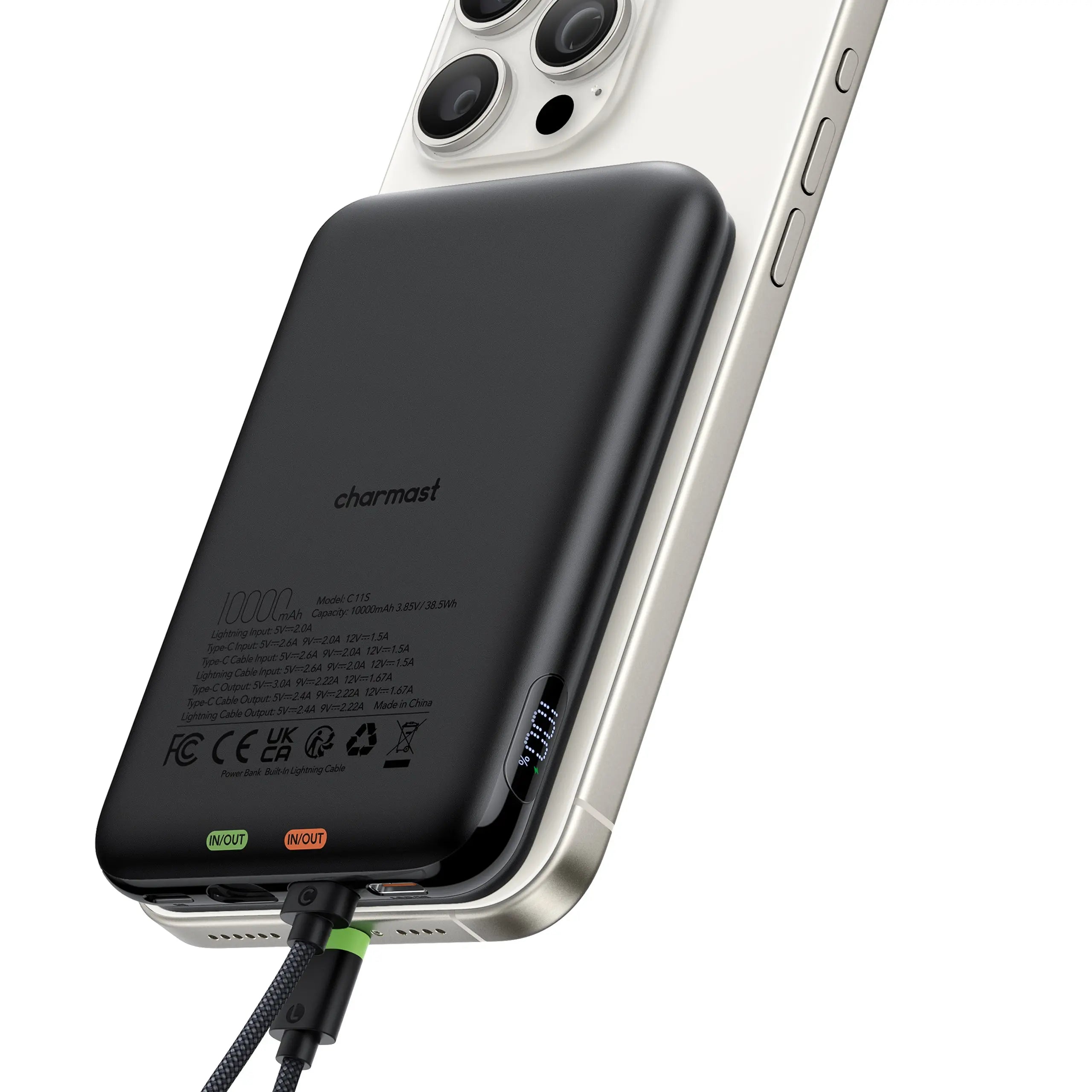 Charmast 10,000mAh Ultra-Slim Power Bank - 20W Fast Charging with Built-In Cables & Digital Display