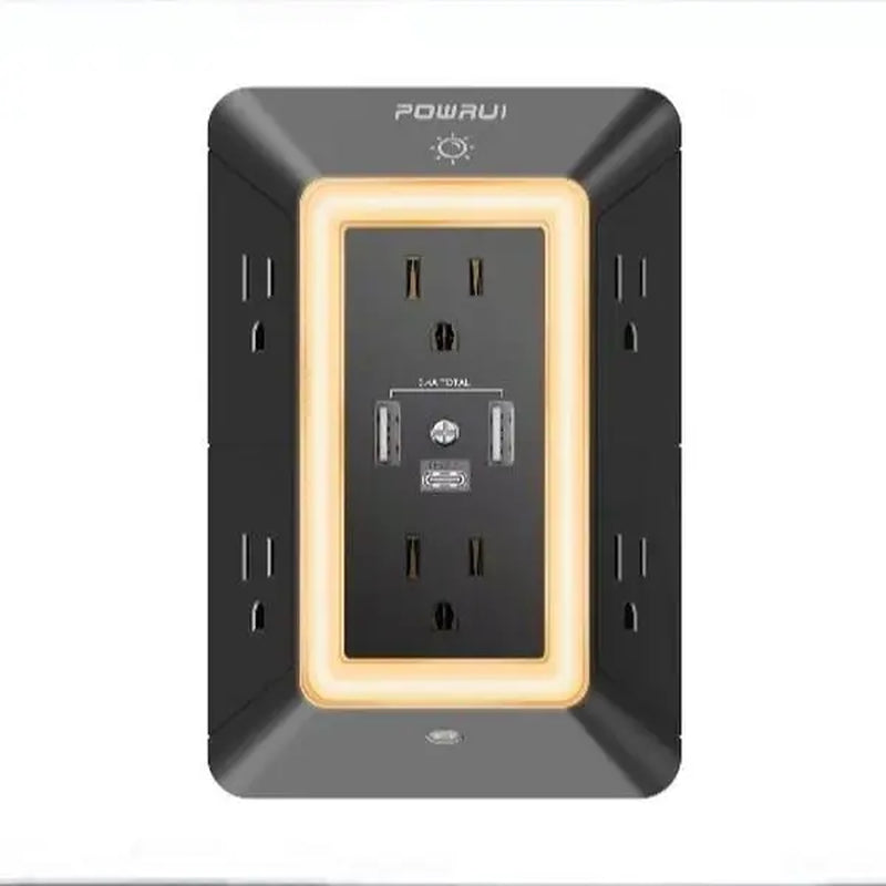 【9 in 1】Outlet Extender USB Wall Charger - 6 AC Surge Protector Outlets with 3 USB Ports (1 USB C) and Night Light, 3-Sided Multi Plug Wall Outlet Power Strip with Spaced Outlets, ETL Listed, Black,Halloween Decor