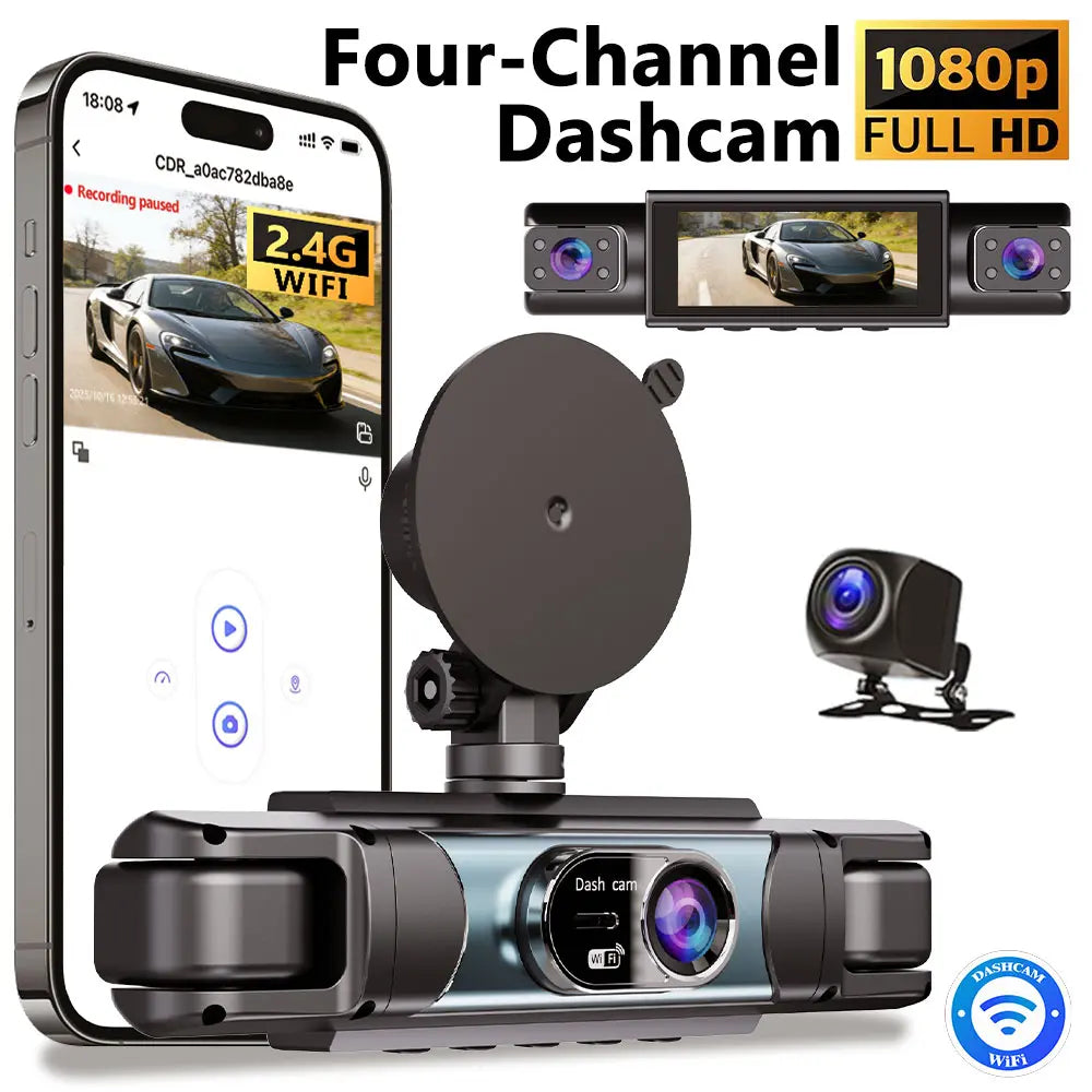 4 Channel Dash Cam 1080P FHD 360° Surround View, 3.18" IPS Display, Built-In 2.4Ghz Wifi App Control, WDR, Loop Recording, Reverse Assist, 4 Lens Front Rear inside Left Right Car Driving Recorder-Yy