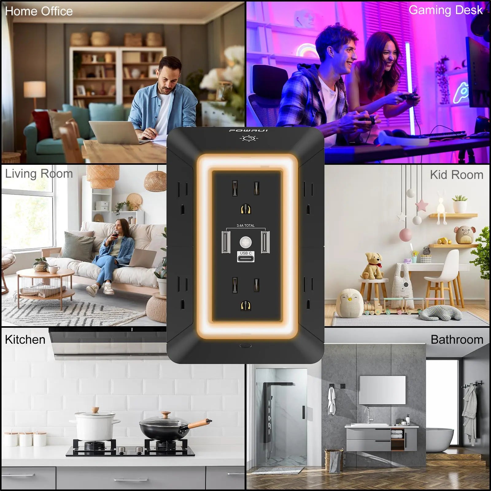 【9 in 1】Outlet Extender USB Wall Charger - 6 AC Surge Protector Outlets with 3 USB Ports (1 USB C) and Night Light, 3-Sided Multi Plug Wall Outlet Power Strip with Spaced Outlets, ETL Listed, Black,Halloween Decor