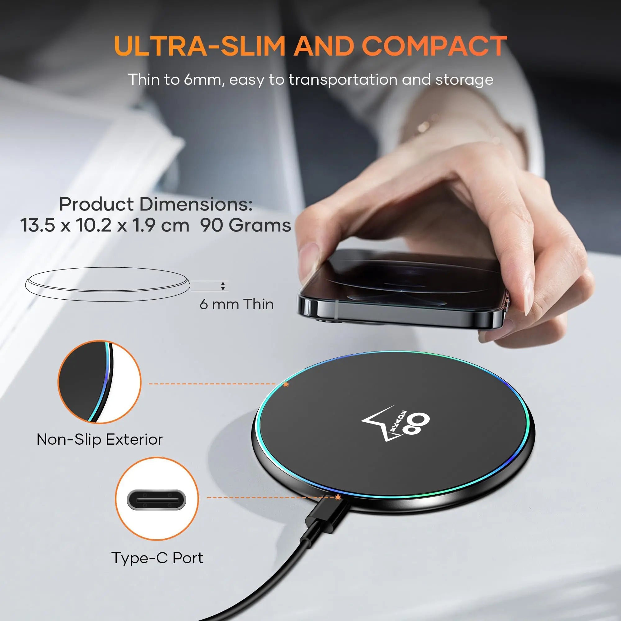Arkade 87 W8 Wireless Charging Pad with 3.3Ft Type-C USB Charging Cable Adapter Charger
