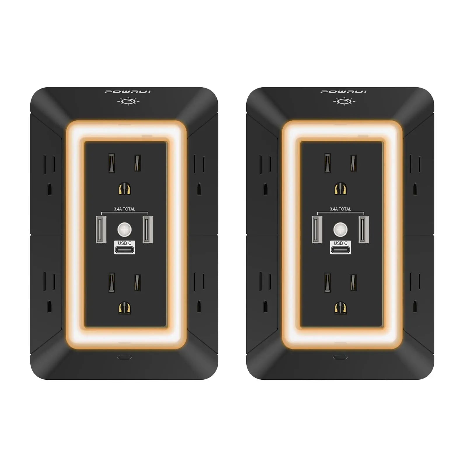 【9 in 1】Outlet Extender USB Wall Charger - 6 AC Surge Protector Outlets with 3 USB Ports (1 USB C) and Night Light, 3-Sided Multi Plug Wall Outlet Power Strip with Spaced Outlets, ETL Listed, Black,Halloween Decor